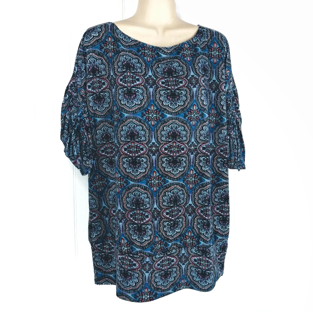 PURE ENERGY Printed Ruched Sleeve Tunic Top Sz 1x